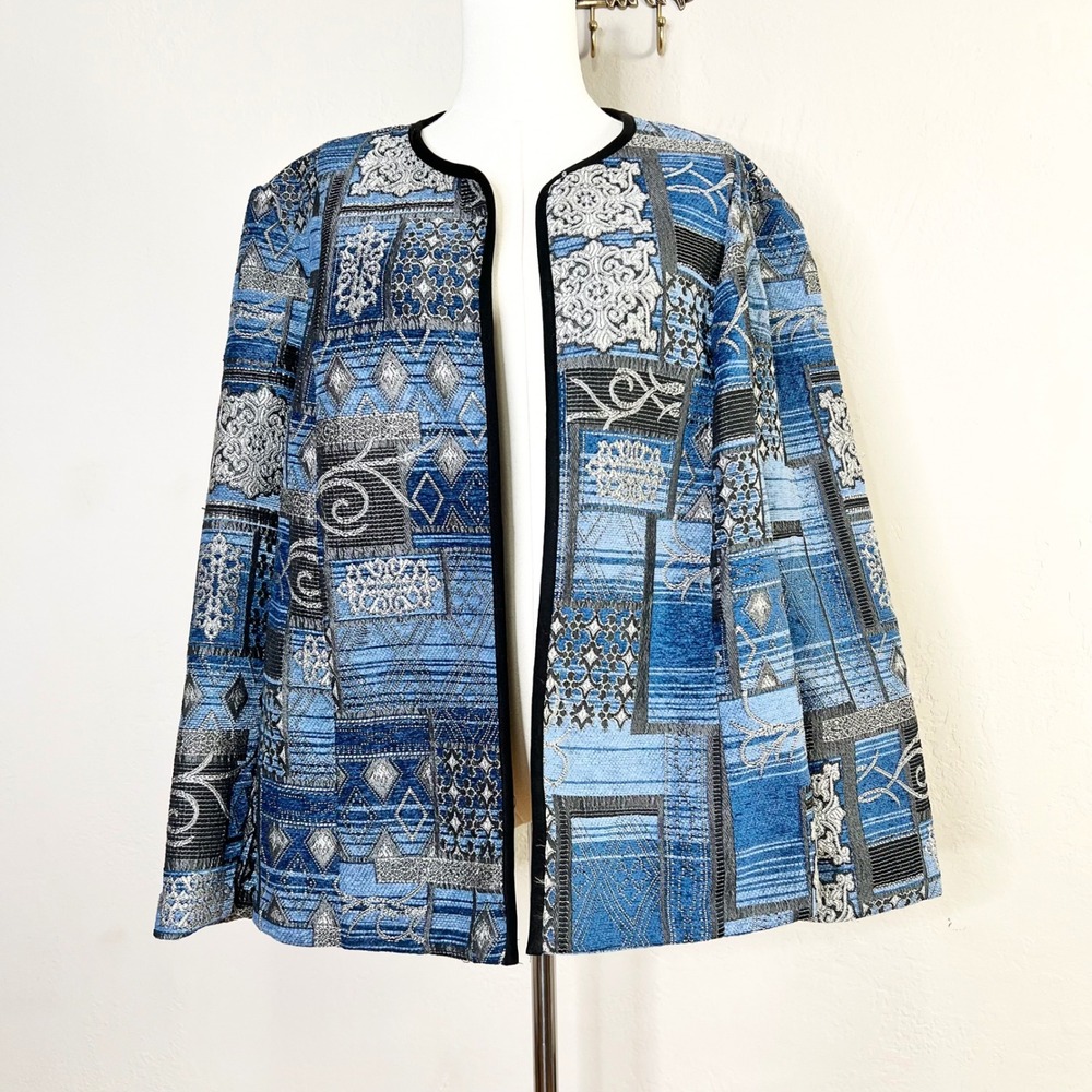 Dressbarn Tapestry Jacket Blue Patchwork Textured… - image 1